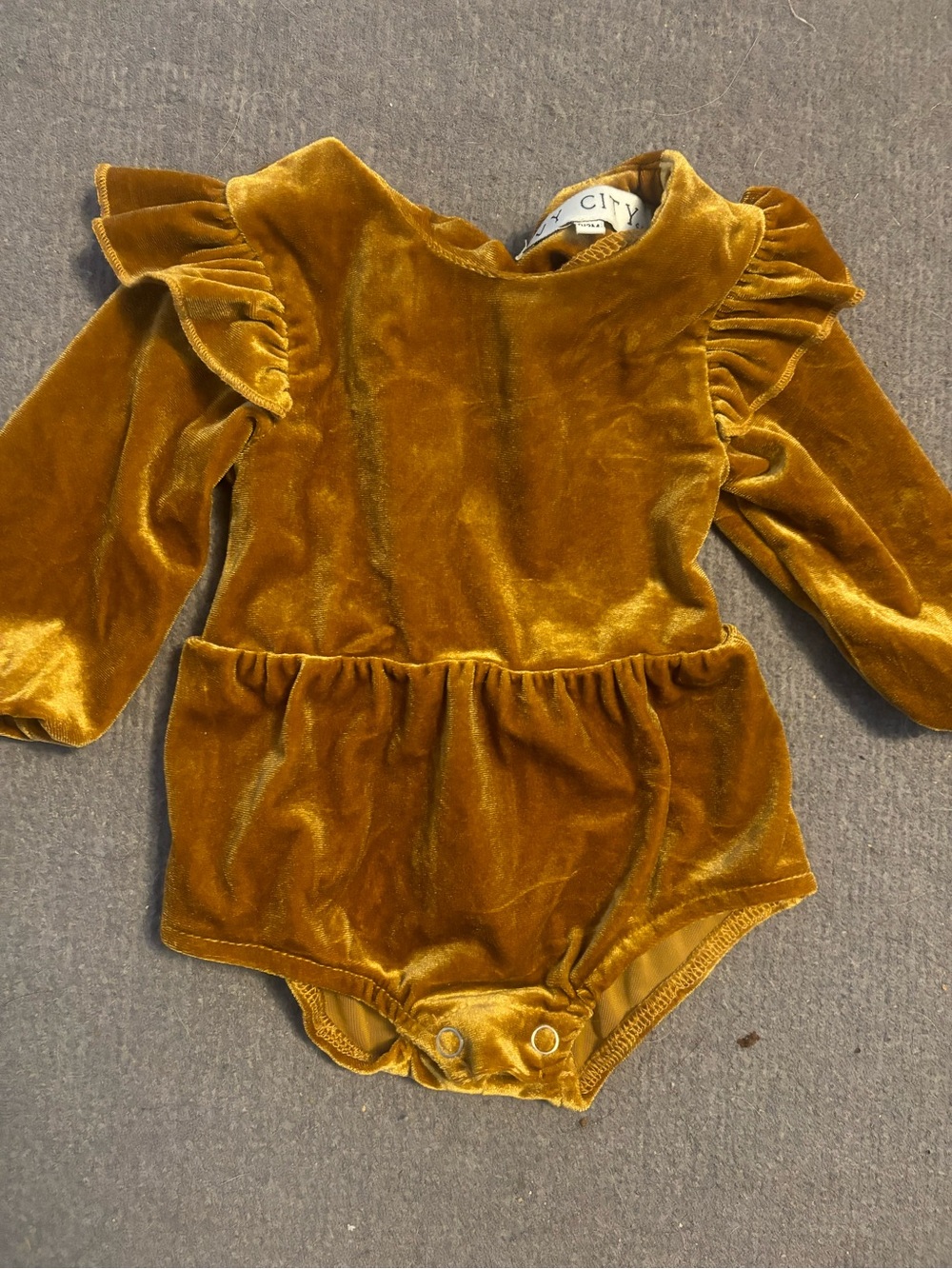Ivy City Co Mustard Velvet Ruffle Long-Sleeve Baby Bodysuit